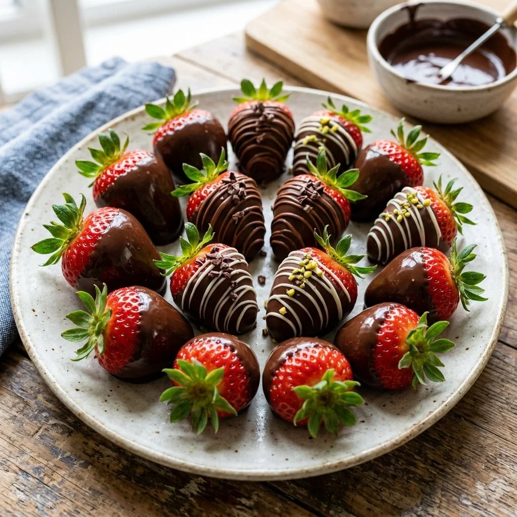 Delicious chocolate dipped strawberries arranged on a plate