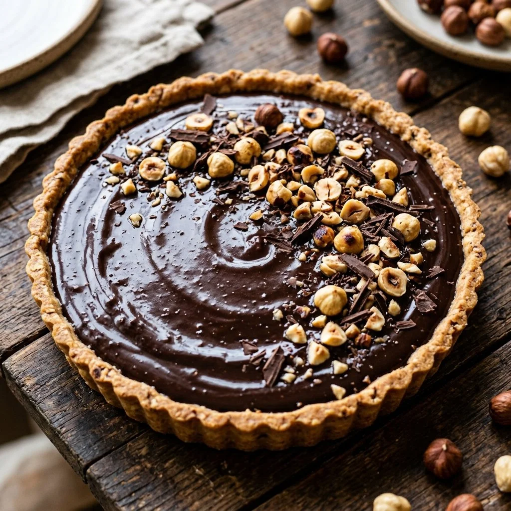 Delicious Chocolate Hazelnut Tart topped with chocolate and hazelnuts