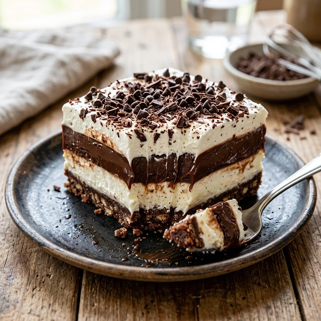Decadent Chocolate Lush dessert layered with chocolate and cream.