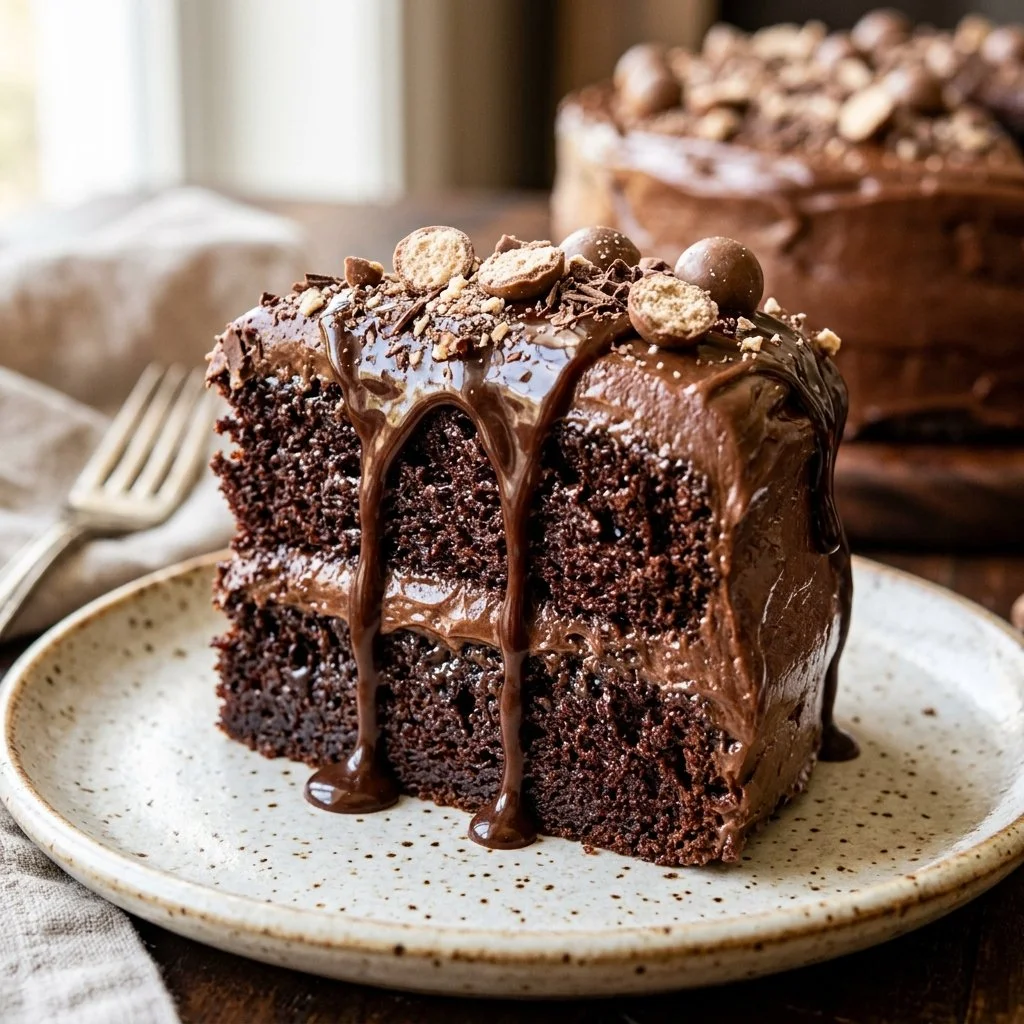 Delicious Chocolate Malt Cake topped with chocolate frosting and malted milk balls