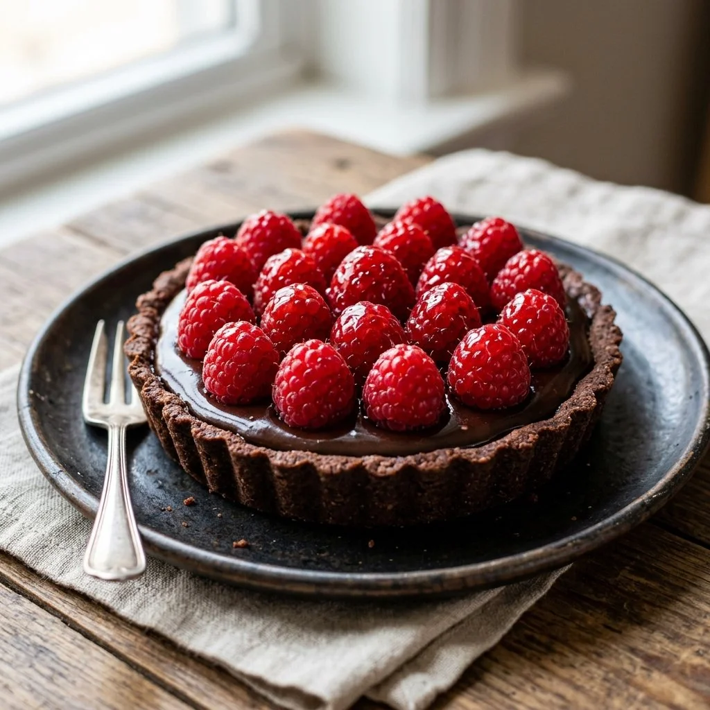 Delicious Chocolate Raspberry Tart with rich chocolate filling and fresh raspberries.
