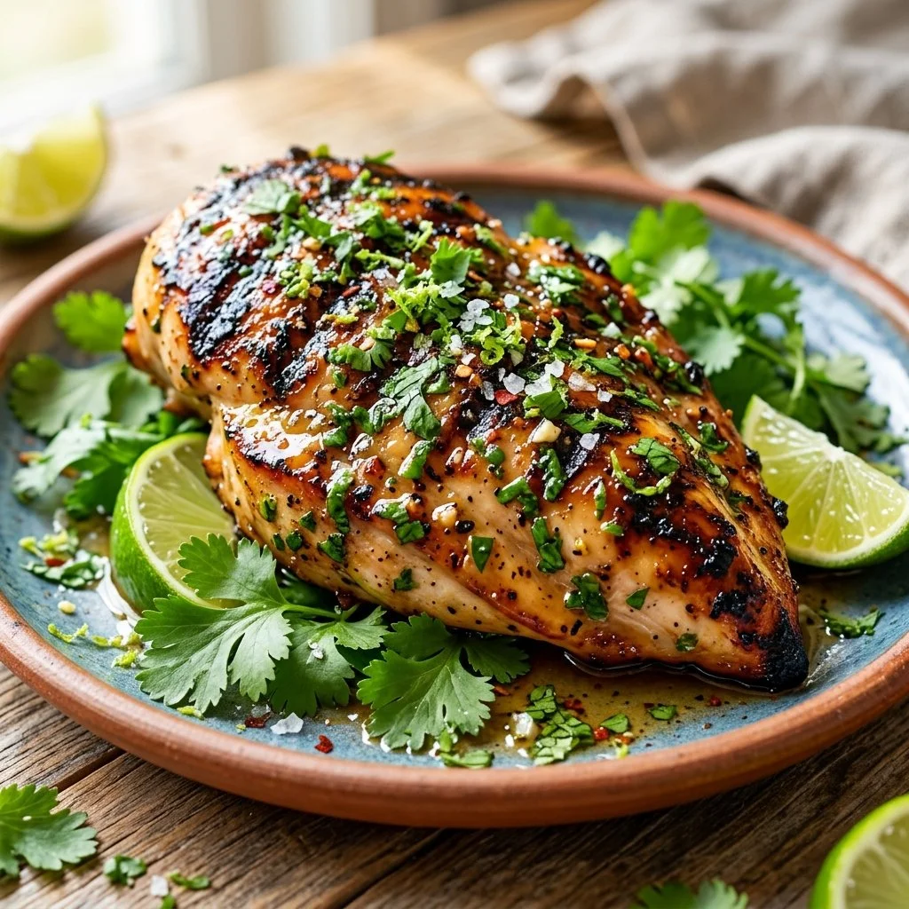 Delicious cilantro lime chicken served with fresh herbs and lime wedges.