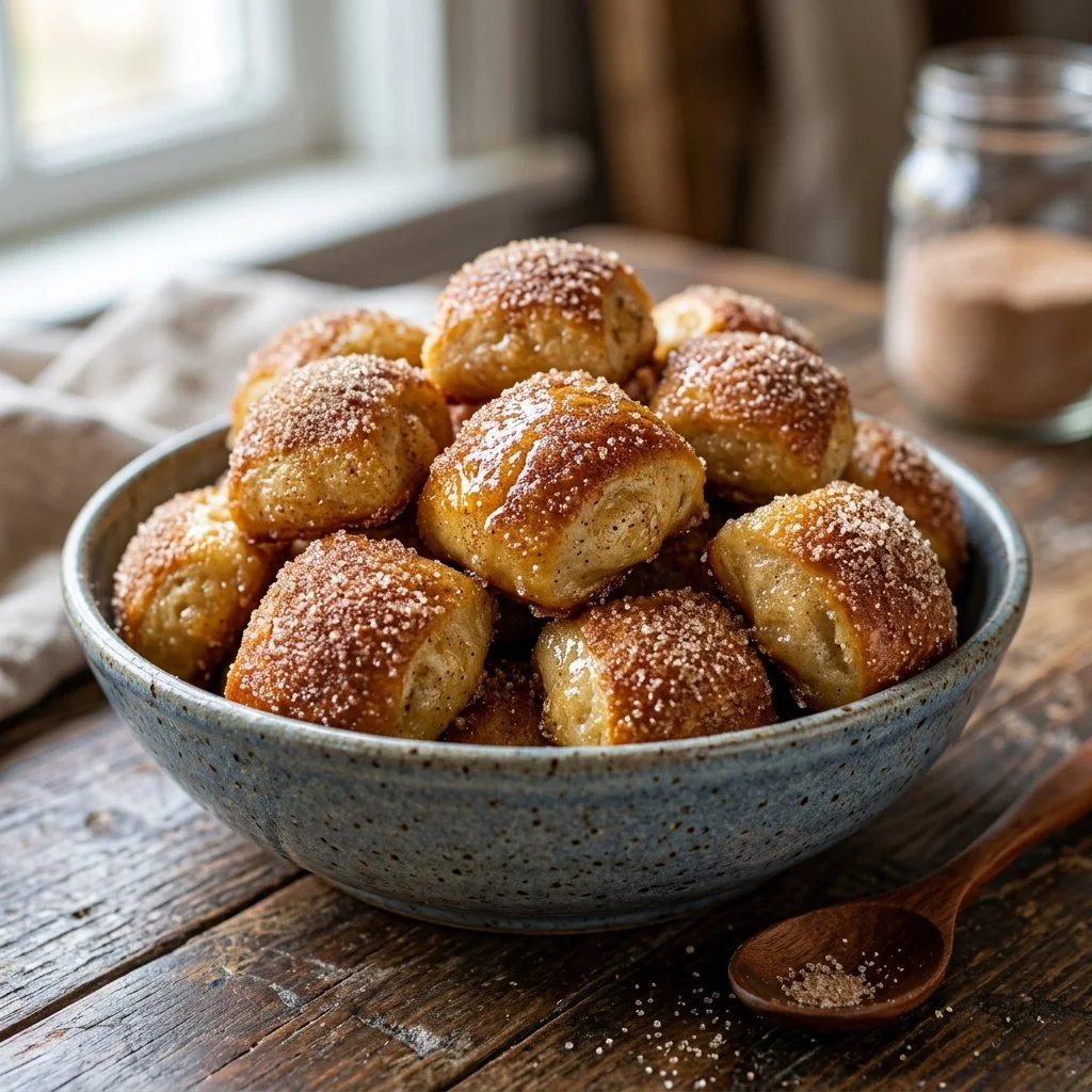 Delicious cinnamon sugar pretzel bites served on a plate.