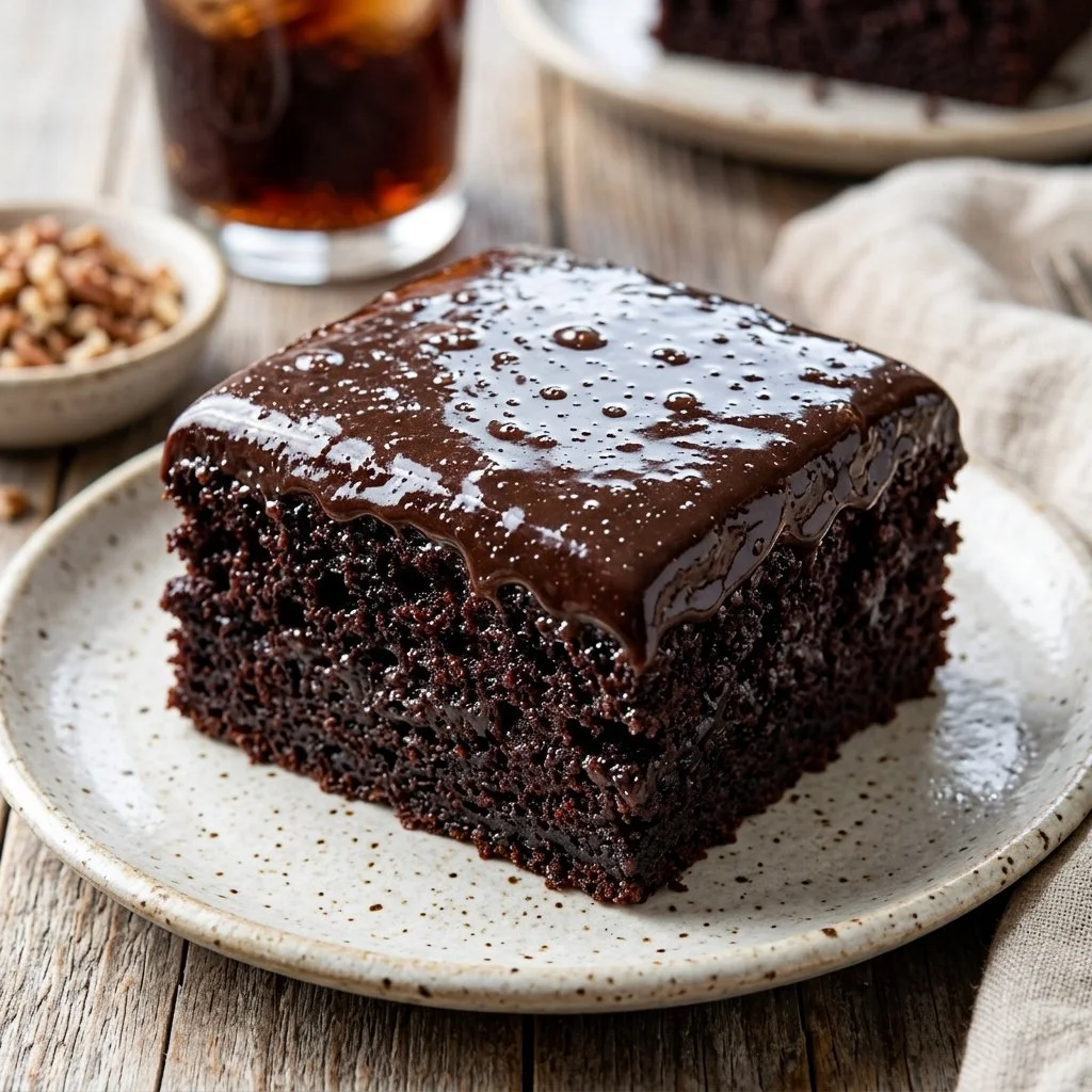 Delicious homemade Coca Cola Cake topped with chocolate frosting.