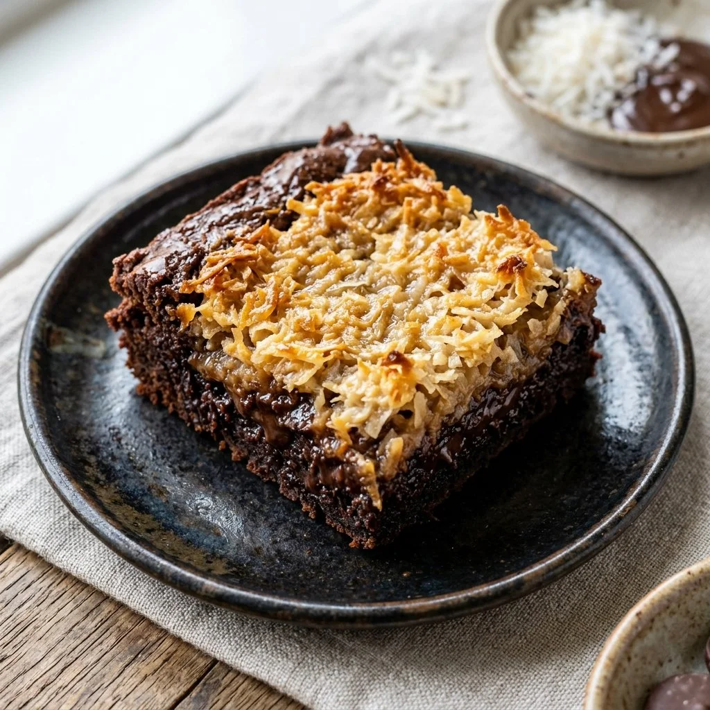 A plate of Coconut Macaroon Brownies topped with toasted coconut flakes.