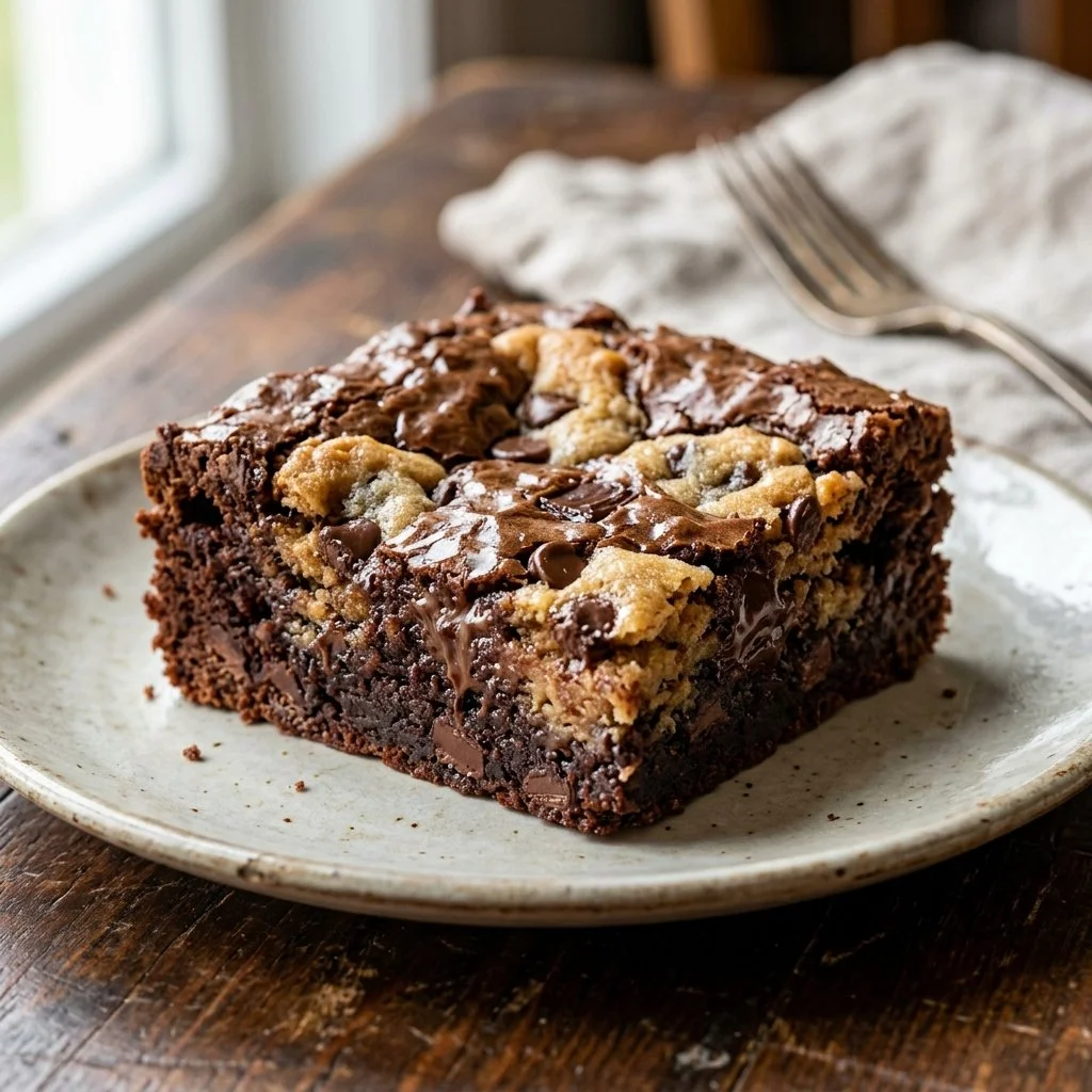 Delicious cookie dough brownies stacked on a plate.