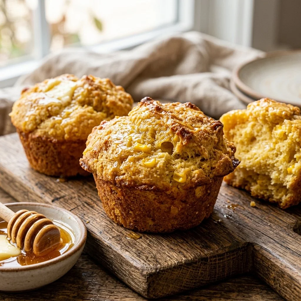 Freshly baked cornbread muffins in a wooden bowl.