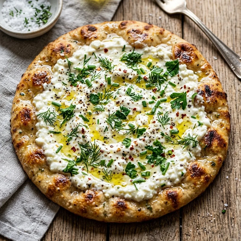Homemade Cottage Cheese Flatbread topped with fresh ingredients