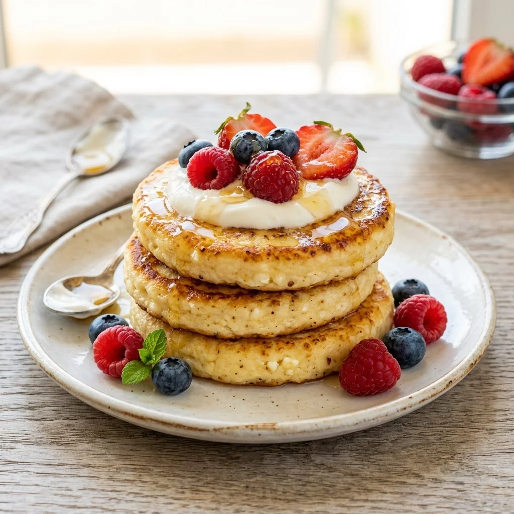 Fluffy cottage cheese pancakes stacked with syrup and fresh berries.
