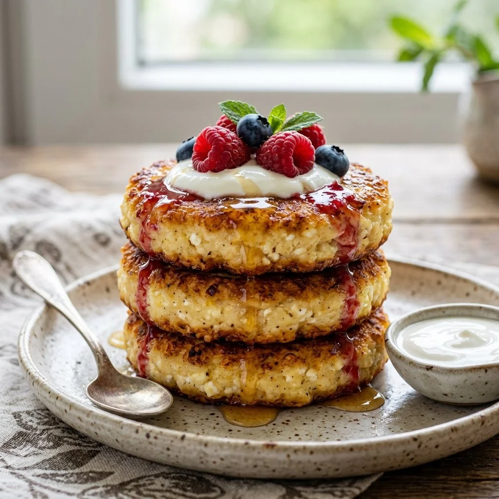 Fluffy cottage cheese pancakes served with syrup and berries on a plate.