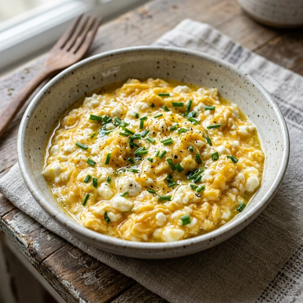 Cottage cheese scrambled eggs served on a plate with herbs