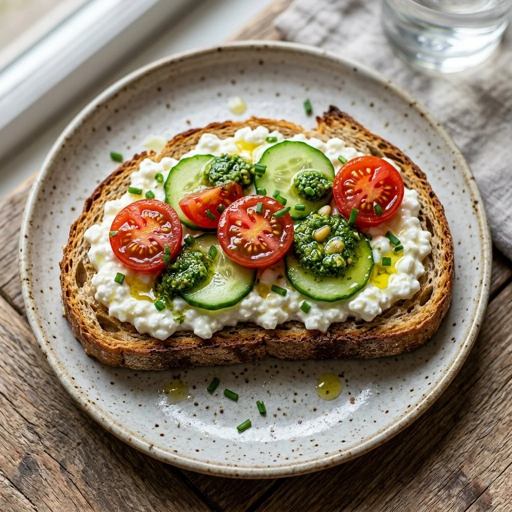 Delicious Cottage Cheese Toast topped with fresh fruits and herbs