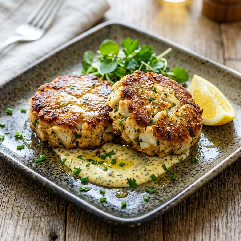 Delicious homemade crab cakes served on a plate with tartar sauce.
