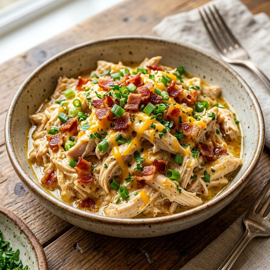 Delicious bowl of creamy Crack Chicken topped with herbs and spices