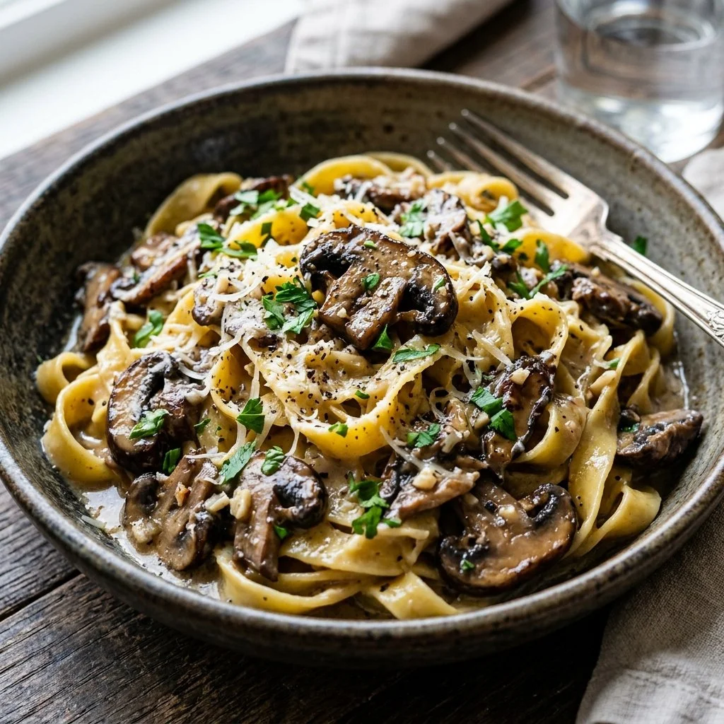 Creamy mushroom pasta dish served in a bowl with fresh herbs on top