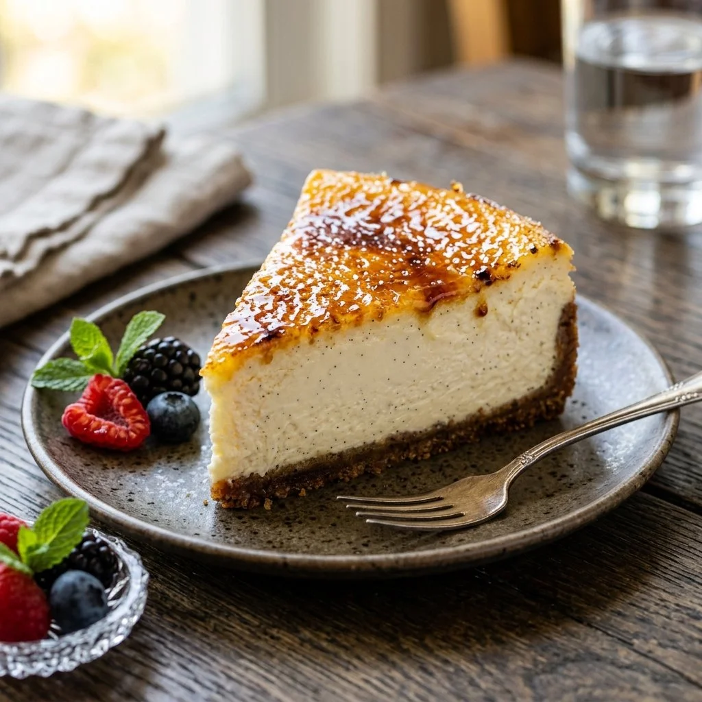 Delicious Crème Brûlée Cheesecake with a caramelized sugar topping