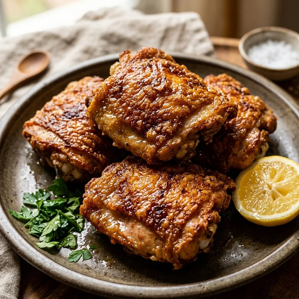 Crispy chicken thighs served with herbs and spices on a plate
