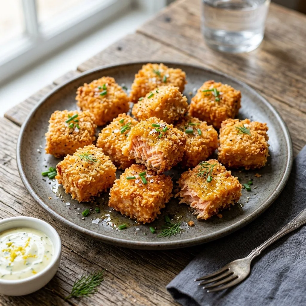 Crispy salmon bites on a plate, garnished with herbs