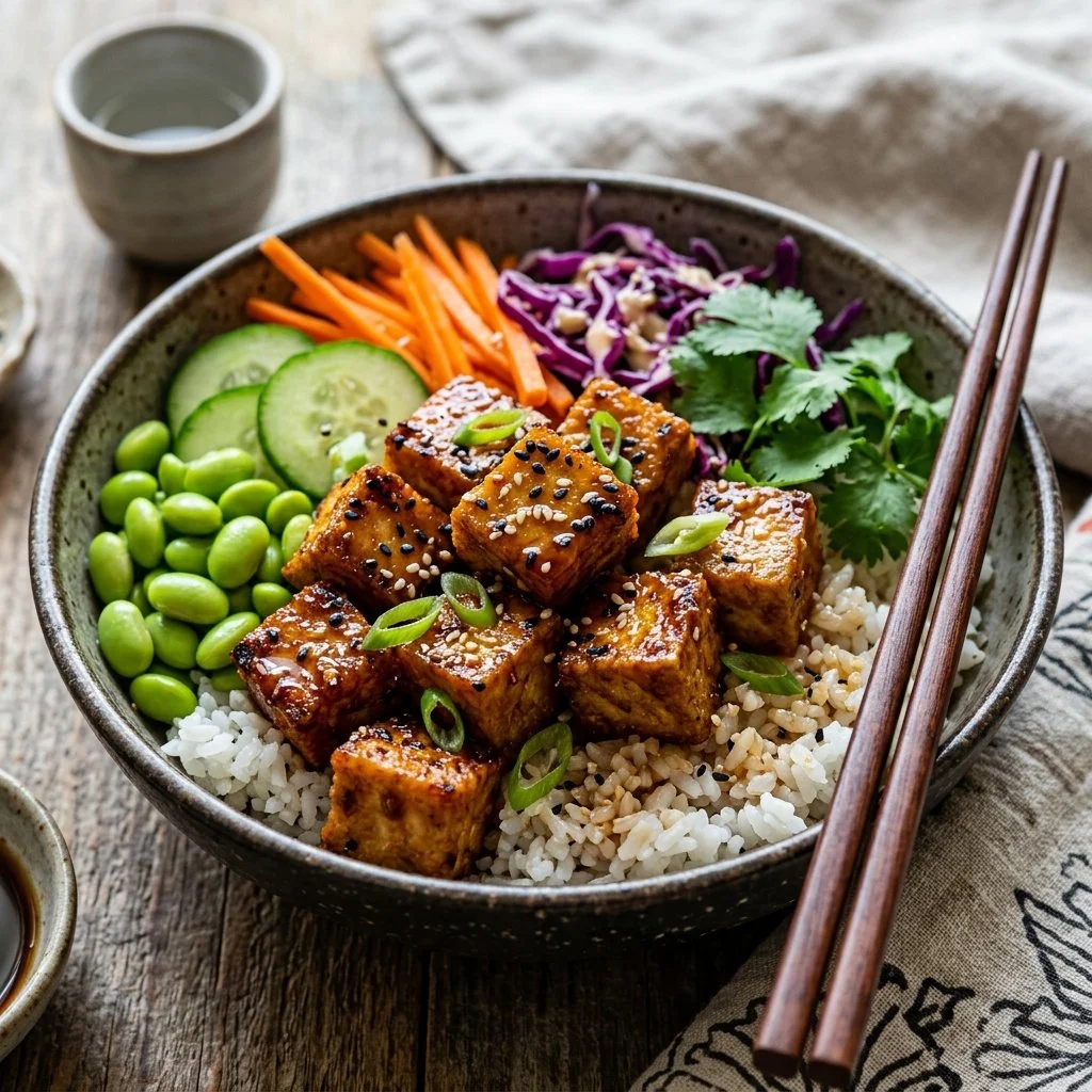 Delicious crispy tofu bowls topped with fresh vegetables and sauce