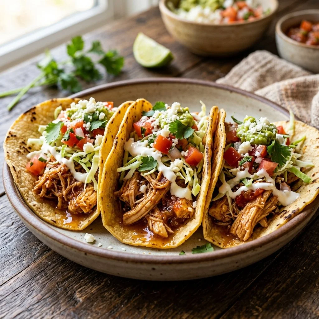 Delicious crockpot chicken tacos served with toppings