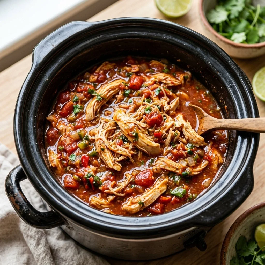 Delicious crockpot salsa chicken with fresh ingredients in a slow cooker