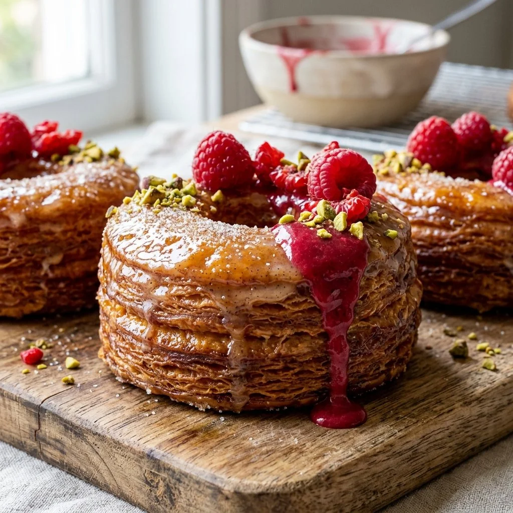Delicious freshly baked Cronuts with a glaze and colorful sprinkles