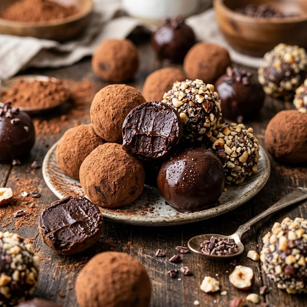 Delicious dark chocolate truffles arranged on a decorative plate