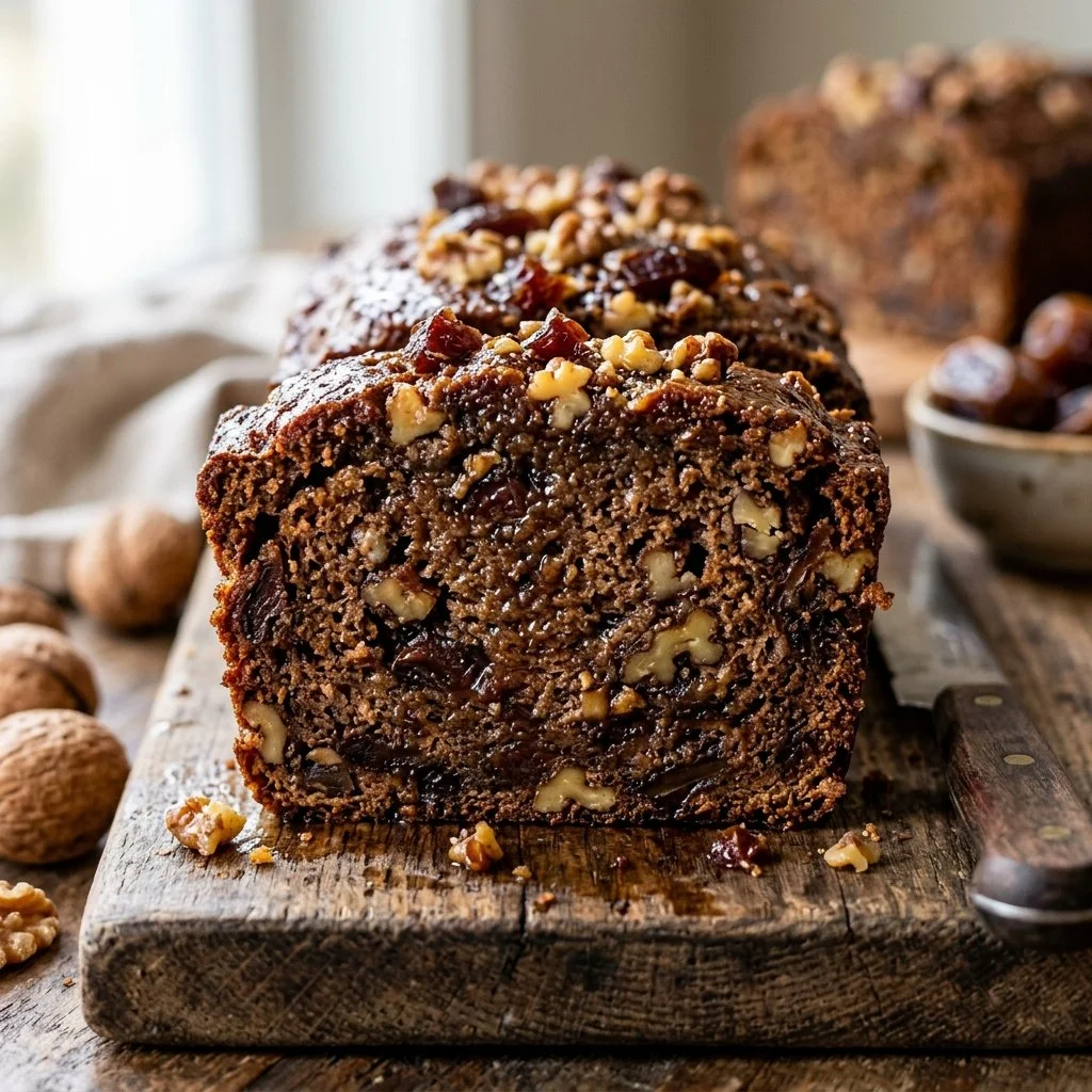Loaf of freshly baked Date Nut Bread with nuts and dates on a wooden table.