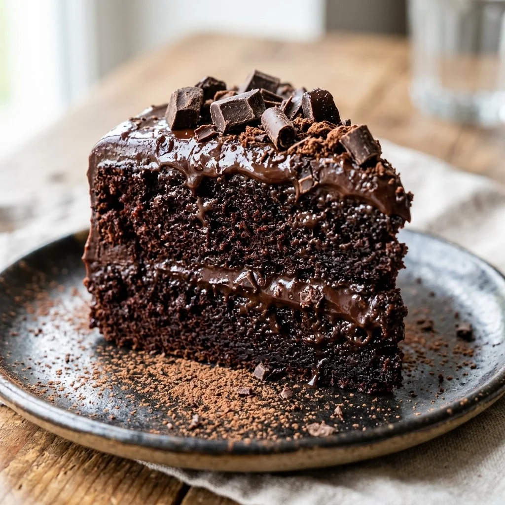 Decadent Death By Chocolate Cake topped with rich chocolate frosting