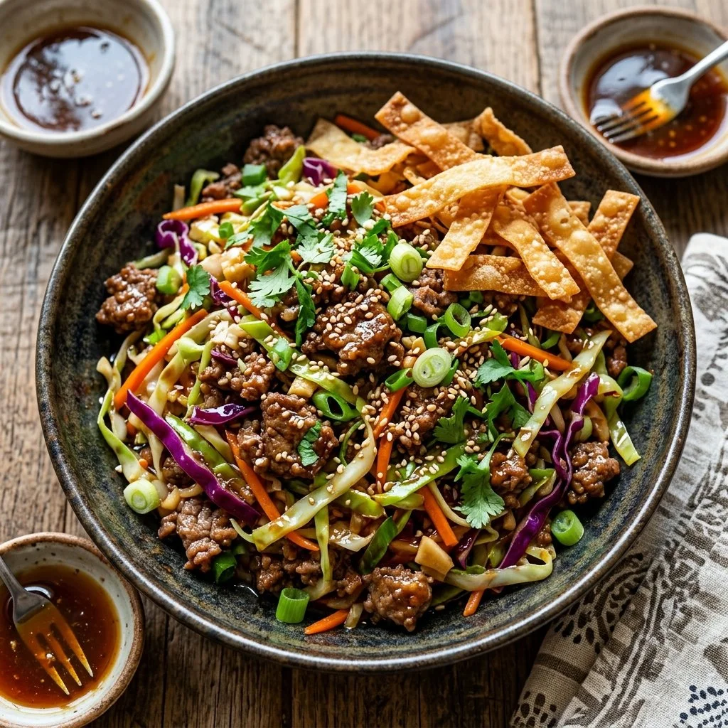 Deconstructed Beef Egg Roll served with dipping sauce and fresh vegetables