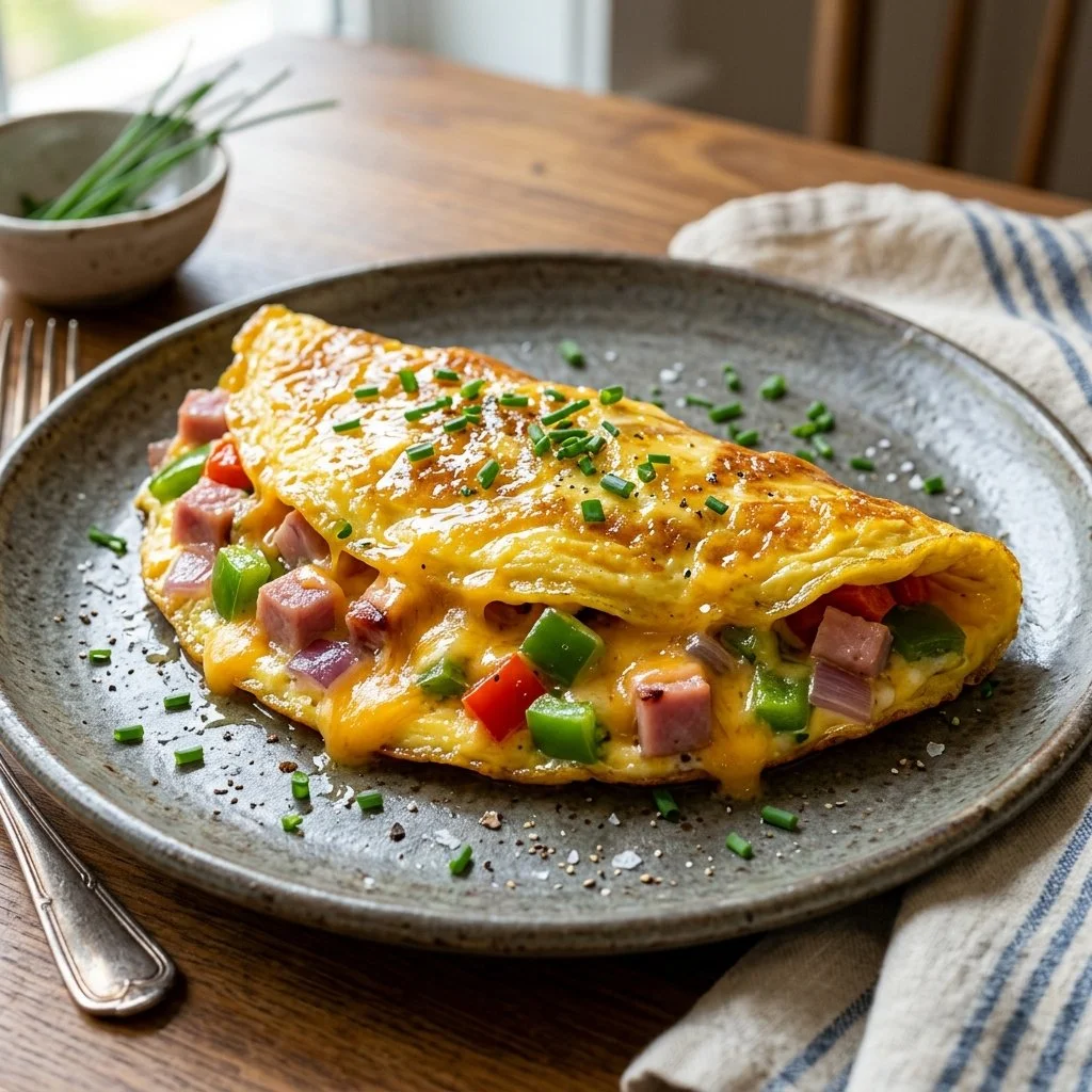 Delicious Denver Omelet with eggs, bell peppers, and onions served on a plate