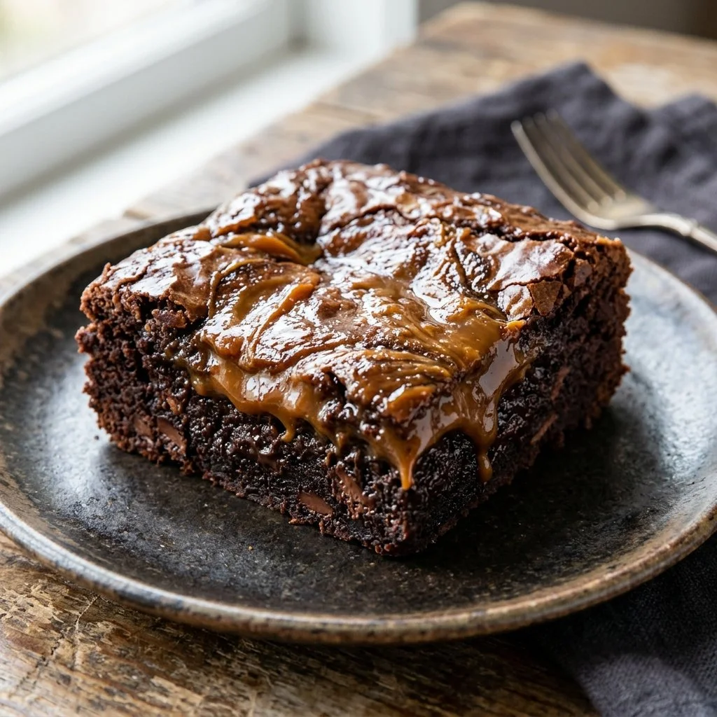 Delicious Dulce de Leche Brownies topped with caramel drizzle.