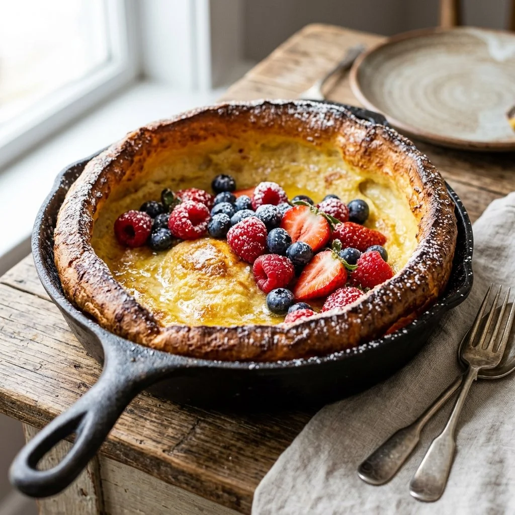 A delicious fluffy Dutch Baby pancake topped with fresh fruits and powdered sugar.