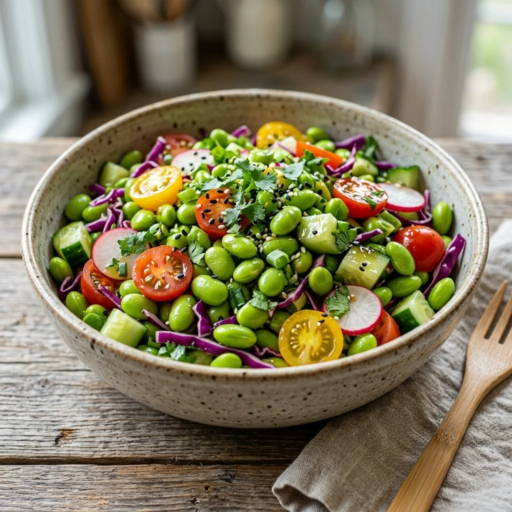 Delicious edamame salad bowl with fresh vegetables and dressing