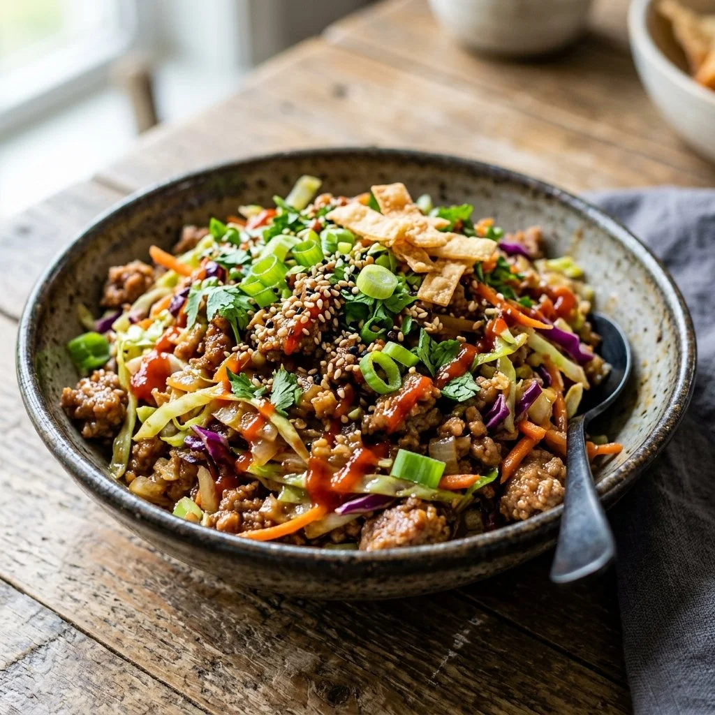 Delicious egg roll in a bowl with fresh veggies and savory flavors