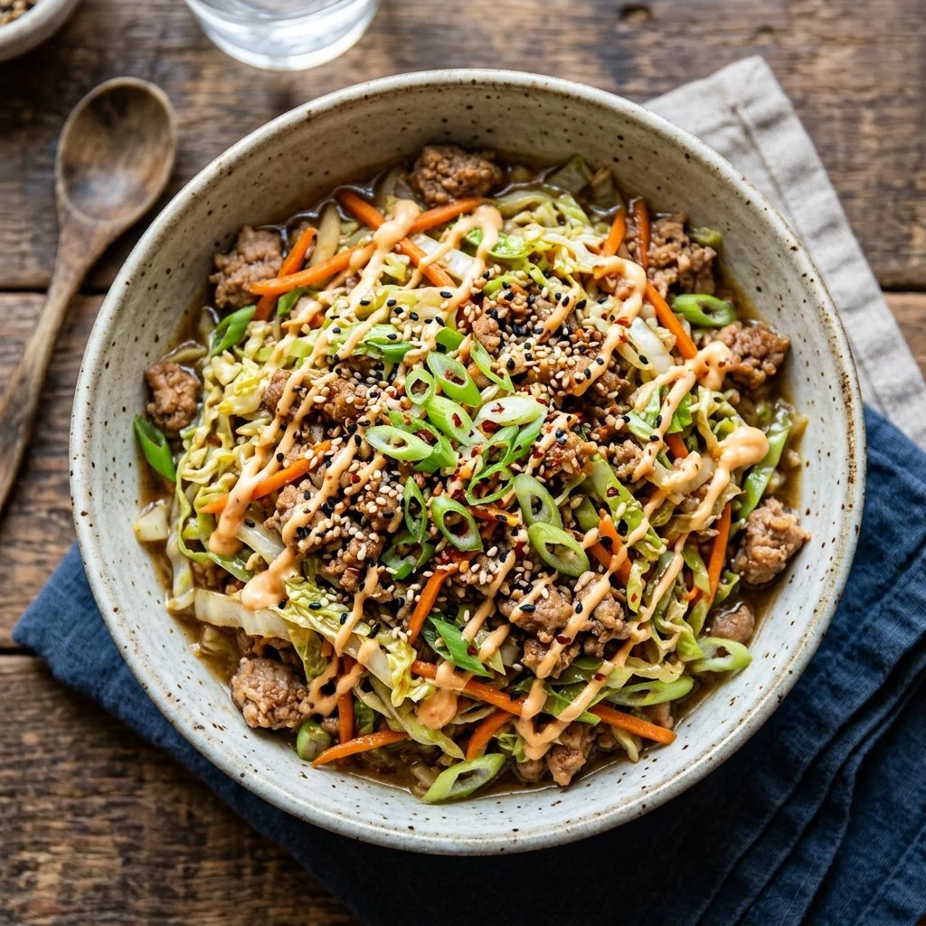 Delicious Egg Roll In A Bowl served with fresh vegetables and savory sauce