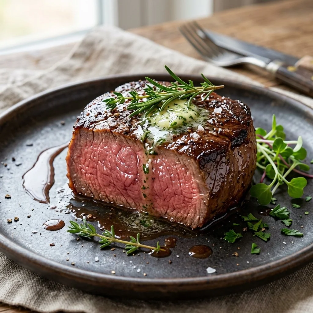 Deliciously cooked filet mignon steak with herbs and spices