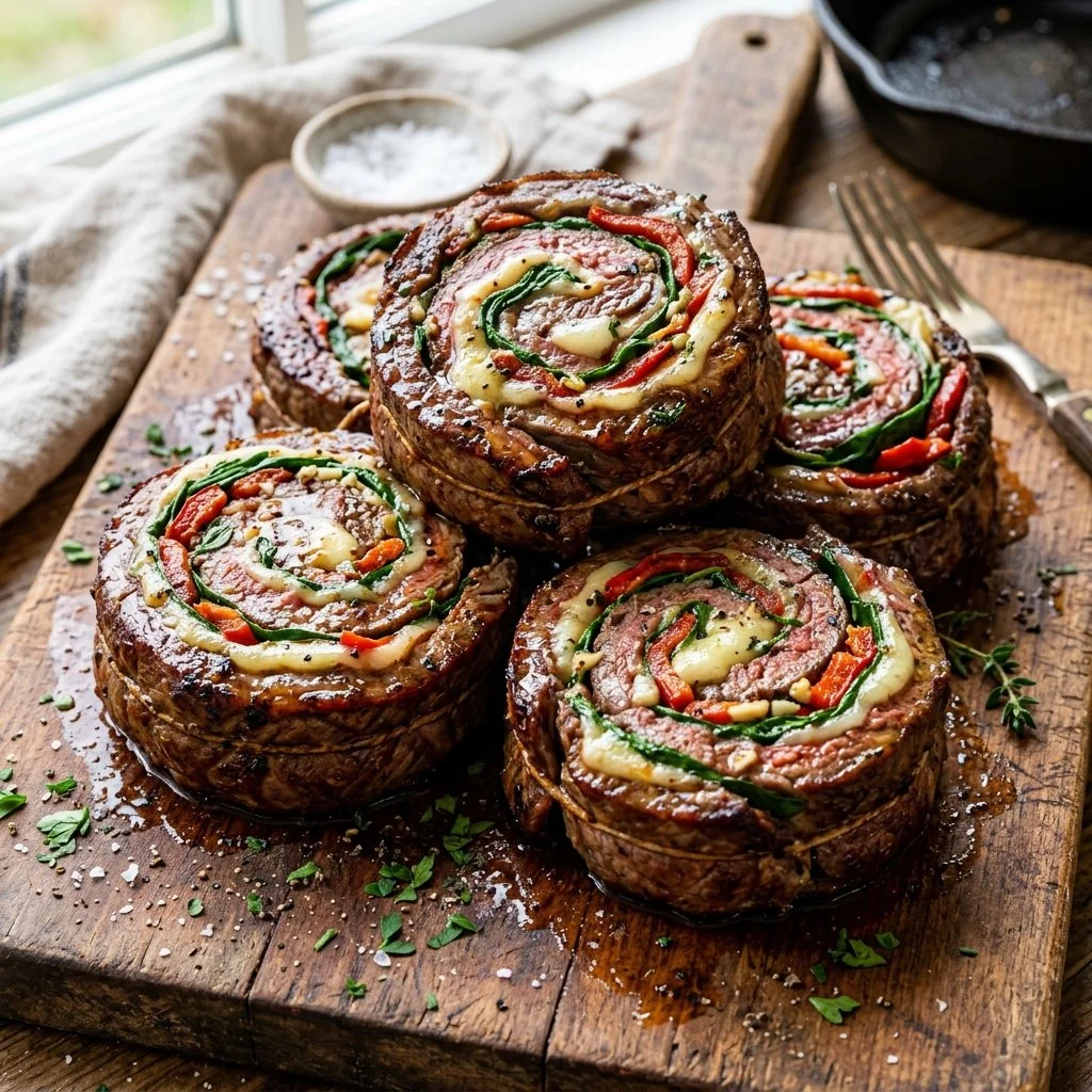 Flank steak pinwheels with fresh herbs and spices, ready to be grilled.