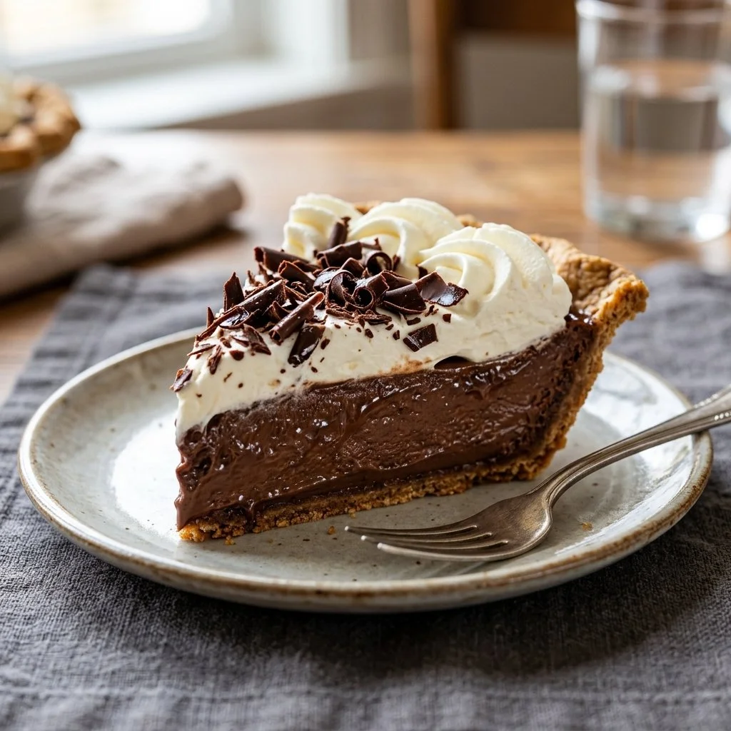 Delicious slice of French Silk Pie topped with chocolate shavings and whipped cream.