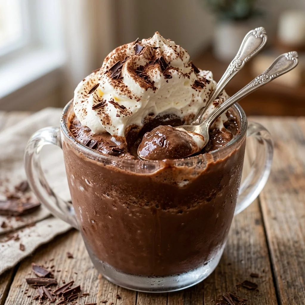 A refreshing glass of frozen hot chocolate topped with whipped cream and chocolate shavings.