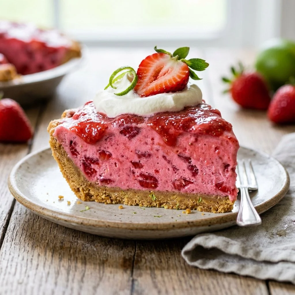 Delicious frozen strawberry daiquiri pie topped with fresh strawberries