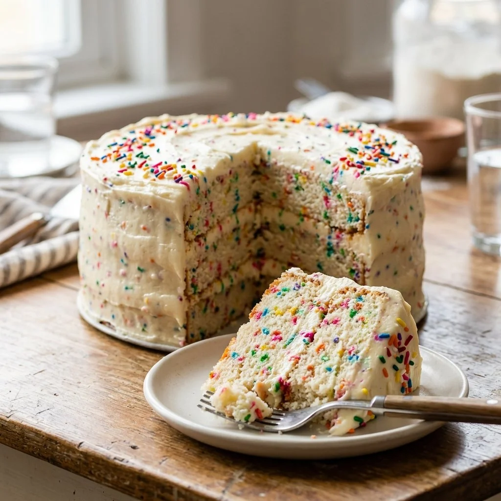 Delicious Funfetti Cake decorated with colorful sprinkles and frosting