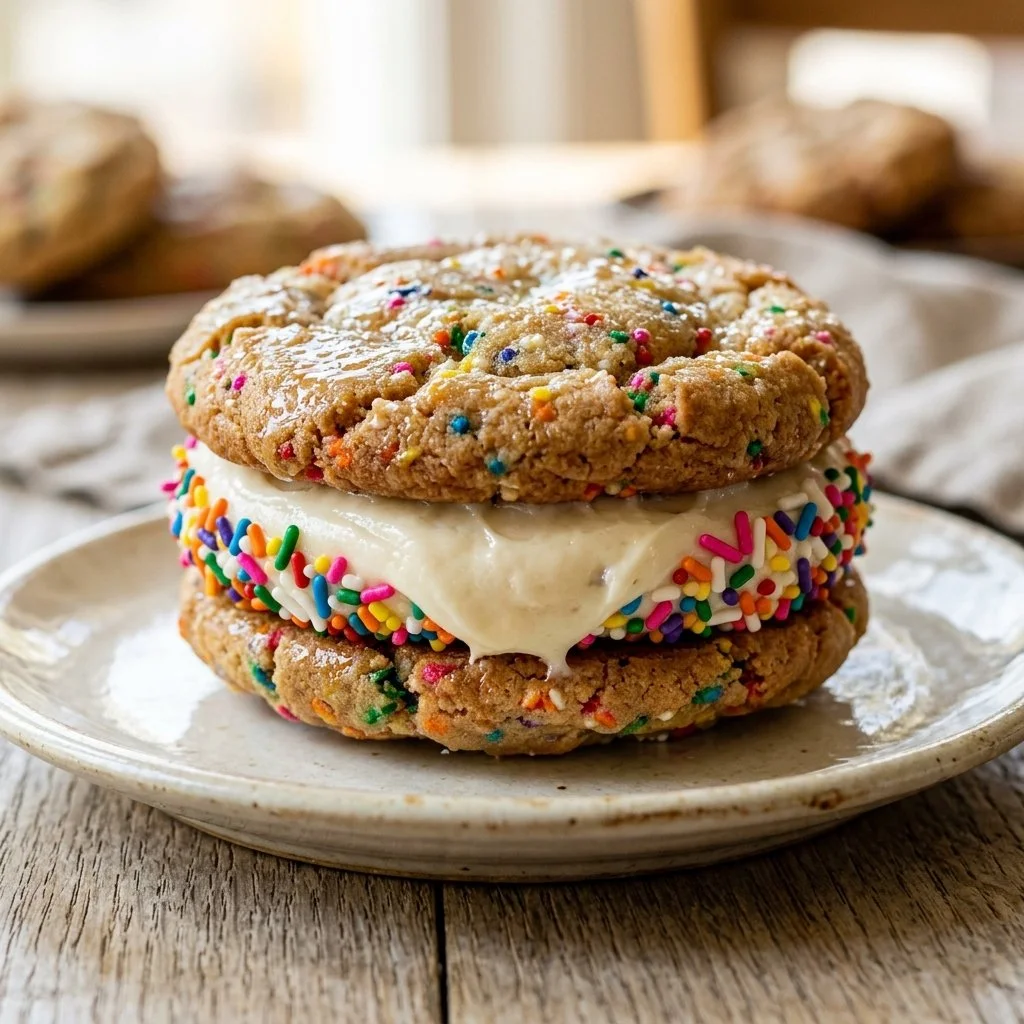 Delicious Funfetti Cookie Sandwiches with colorful sprinkles and creamy filling