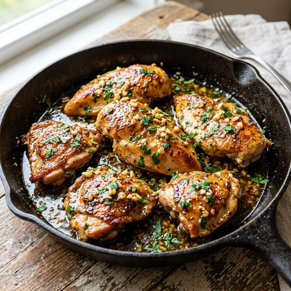 Delicious Garlic Butter Chicken served with herbs and garnishes