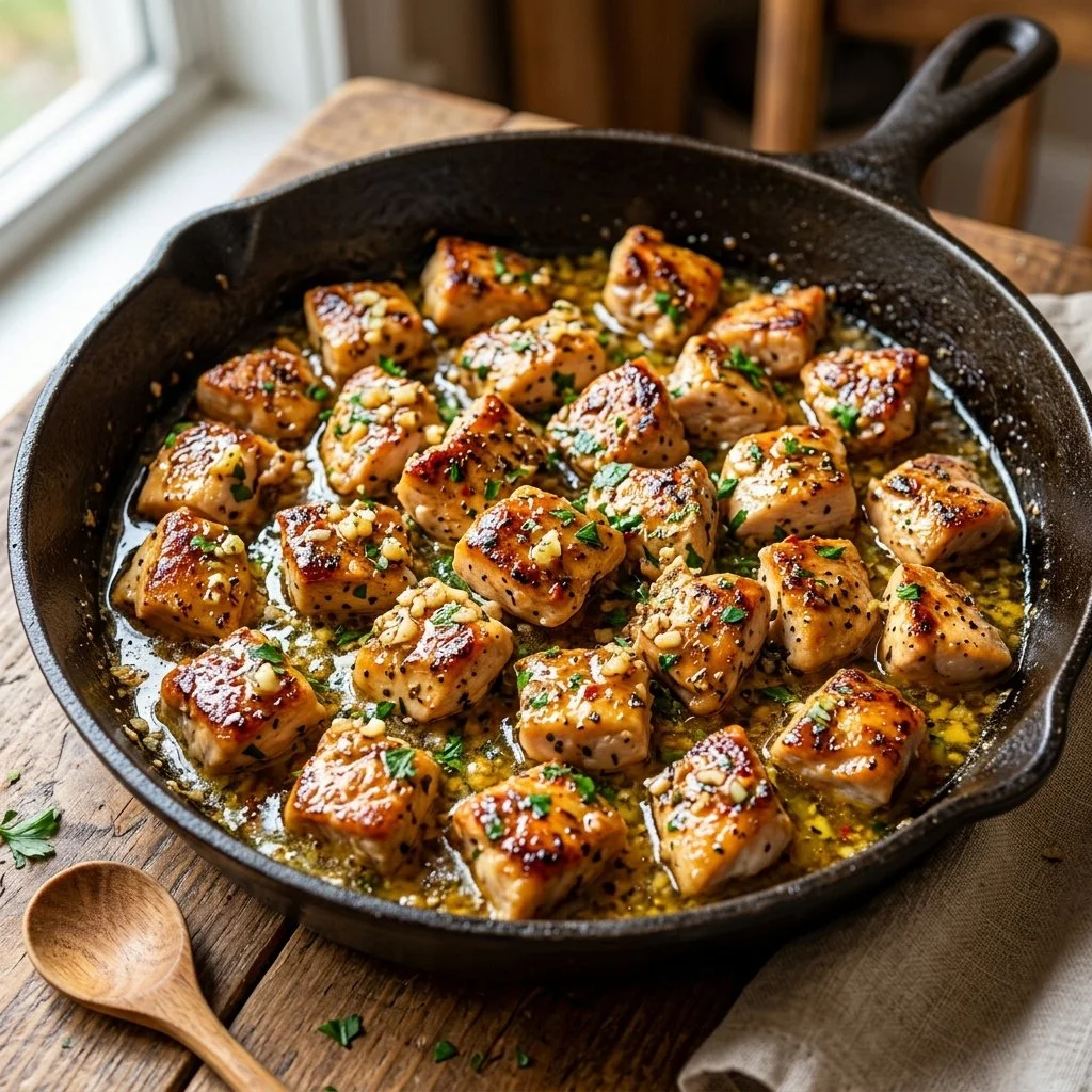 Garlic Butter Chicken Bites served on a plate with herbs and garlic