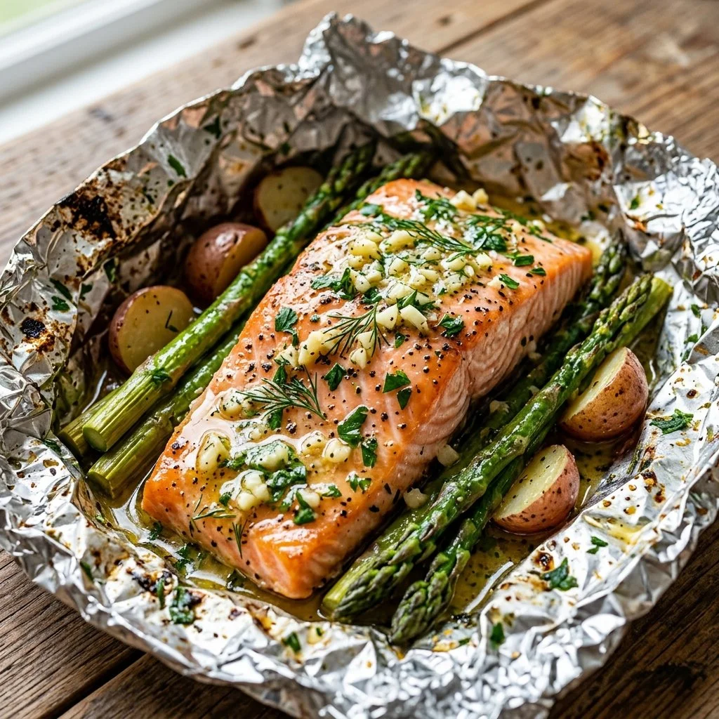 Delicious Garlic Butter Salmon foil packets ready for baking