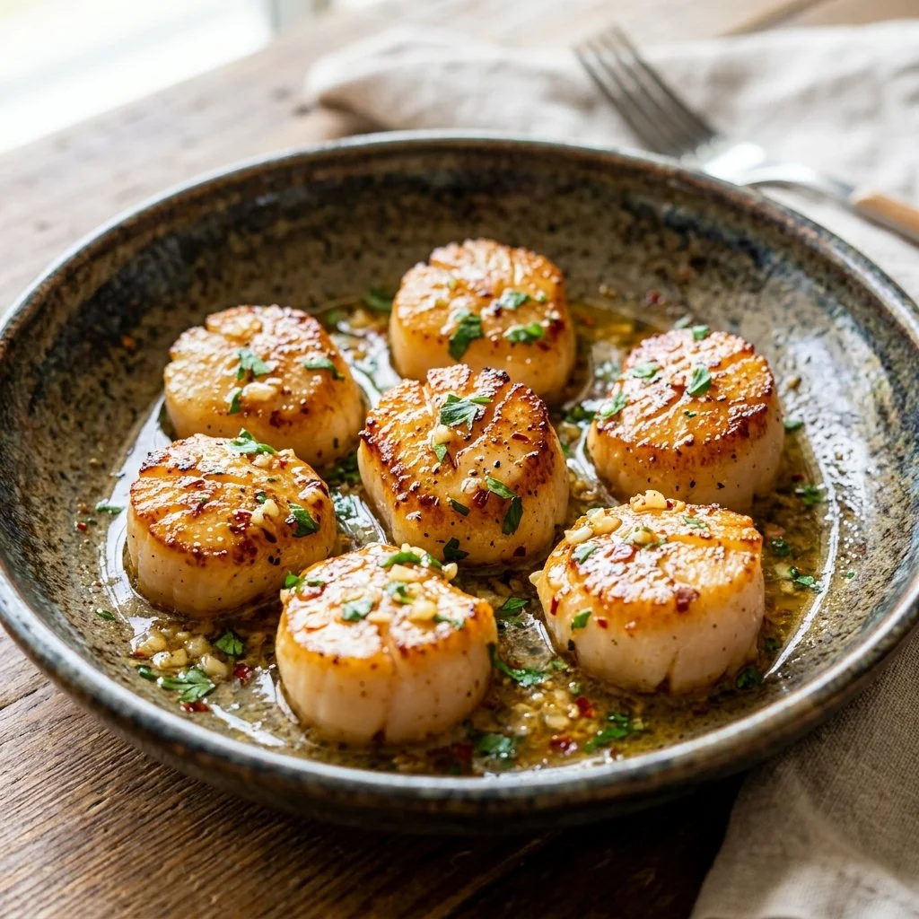 Delicious garlic butter scallops served on a plate with herbs