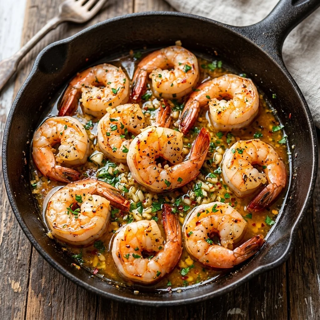 Delicious Garlic Butter Shrimp served on a plate with a side of herbs