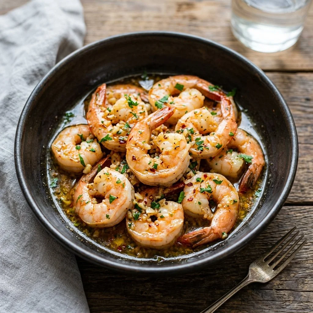 Delicious Garlic Butter Shrimp served on a plate with fresh herbs.