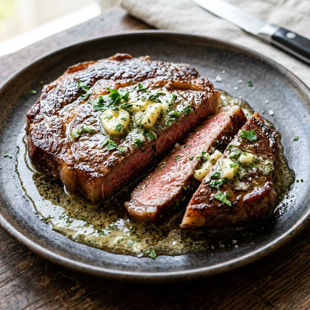 Juicy Garlic Butter Steak garnished with herbs on a plate.